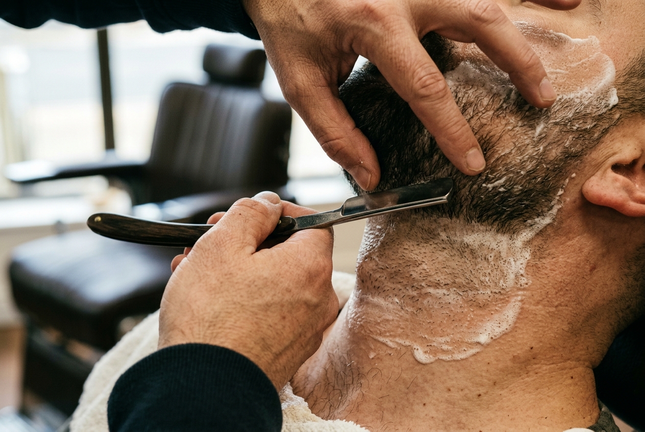 Barbier taillant la barbe au coupe-chou avec mousse onctueuse et serviette chaude